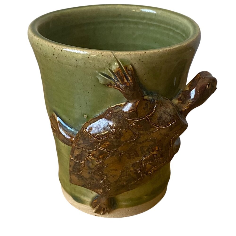 Handmade Artist Signed Green Ceramic 3D Turtle‎ Mug Handle 4" Pottery Art